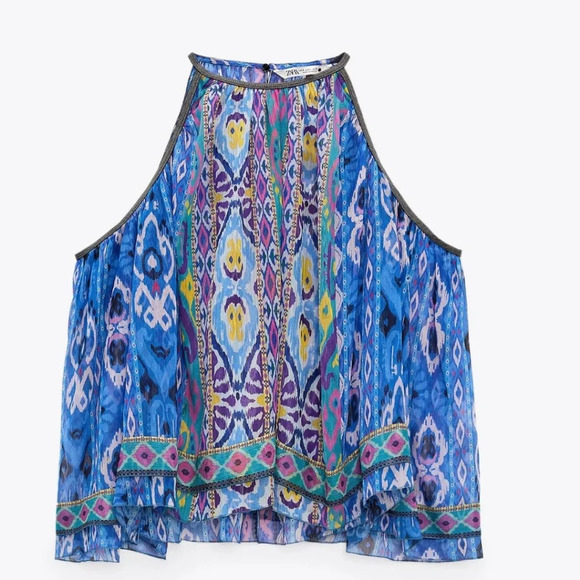 ZARA Multi colored Aztec print Asymetrical swing halter beaded top. Size L NWT - Picture 7 of 16